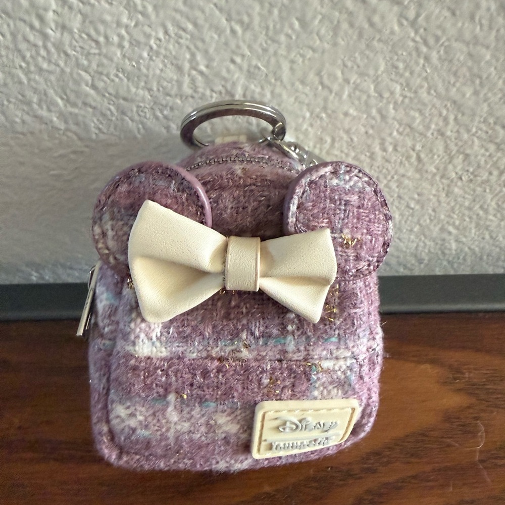 New in Box Disney Loungefly Pink Tweed Minnie Mouse Ears Keychain Bag Charm